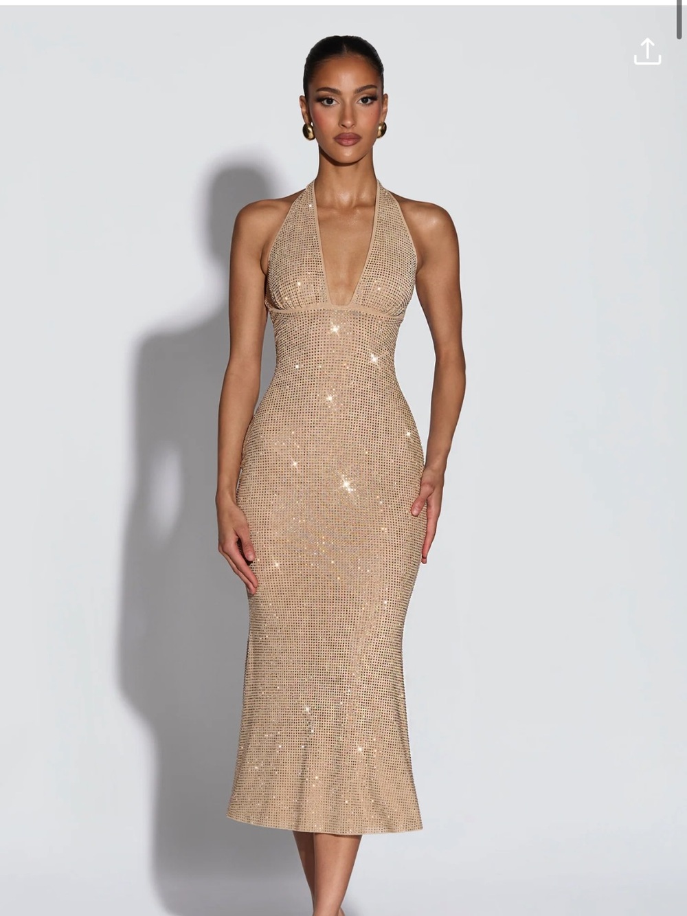 Sequined Halter Midi Dress in Champagne - Picture 2 of 5